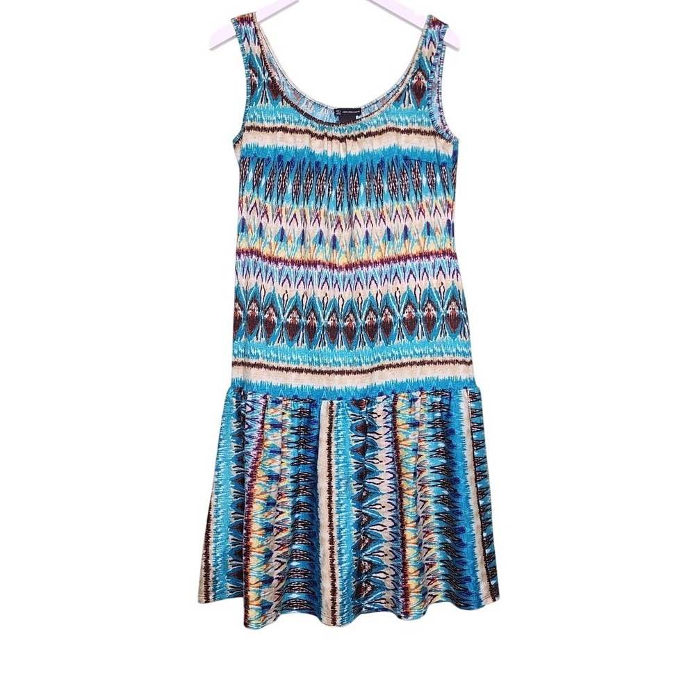 New Directions Blue Ikat Tribal Print Drop Waist Sleeveless Dress Size 4 Boho